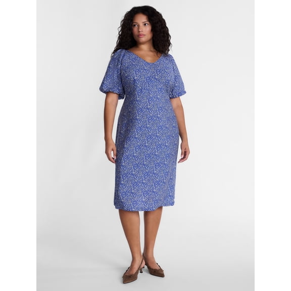 Terra & Sky Women's Plus V Neck Midi Dress with Short Puff Sleeves, Sizes 0X-5X