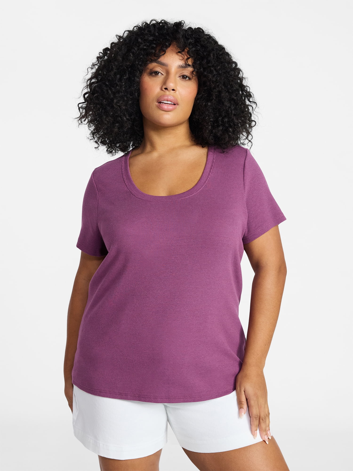 Terra & Sky Women's Plus Size Scoop Neck Rib Tee with Short Sleeves, Size 0X-5X