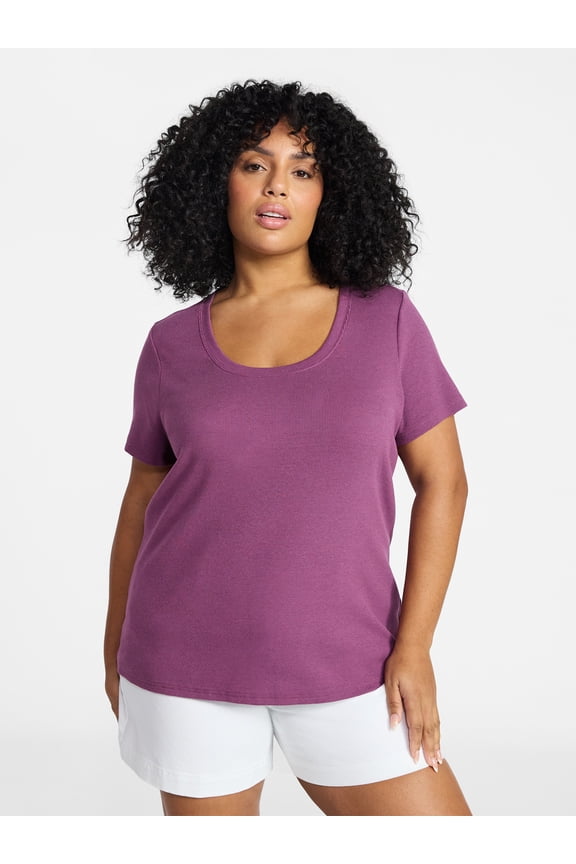 Women's Plus Size Scoop Neck Rib Tee with Short Sleeves, Size 0X-5X
