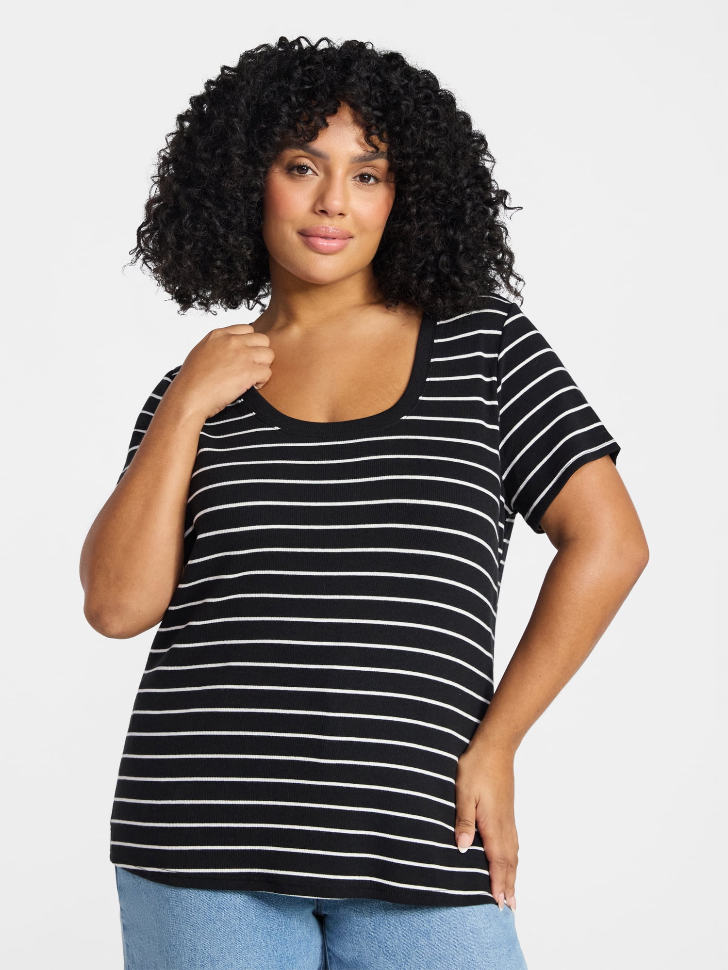 Terra & Sky Women's Plus Size Scoop Neck Rib Tee with Short Sleeves, Size 0X-5X