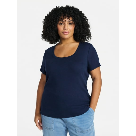 Terra & Sky Women's Plus Size Scoop Neck Rib Tee with Short Sleeves, Size 0X-5X