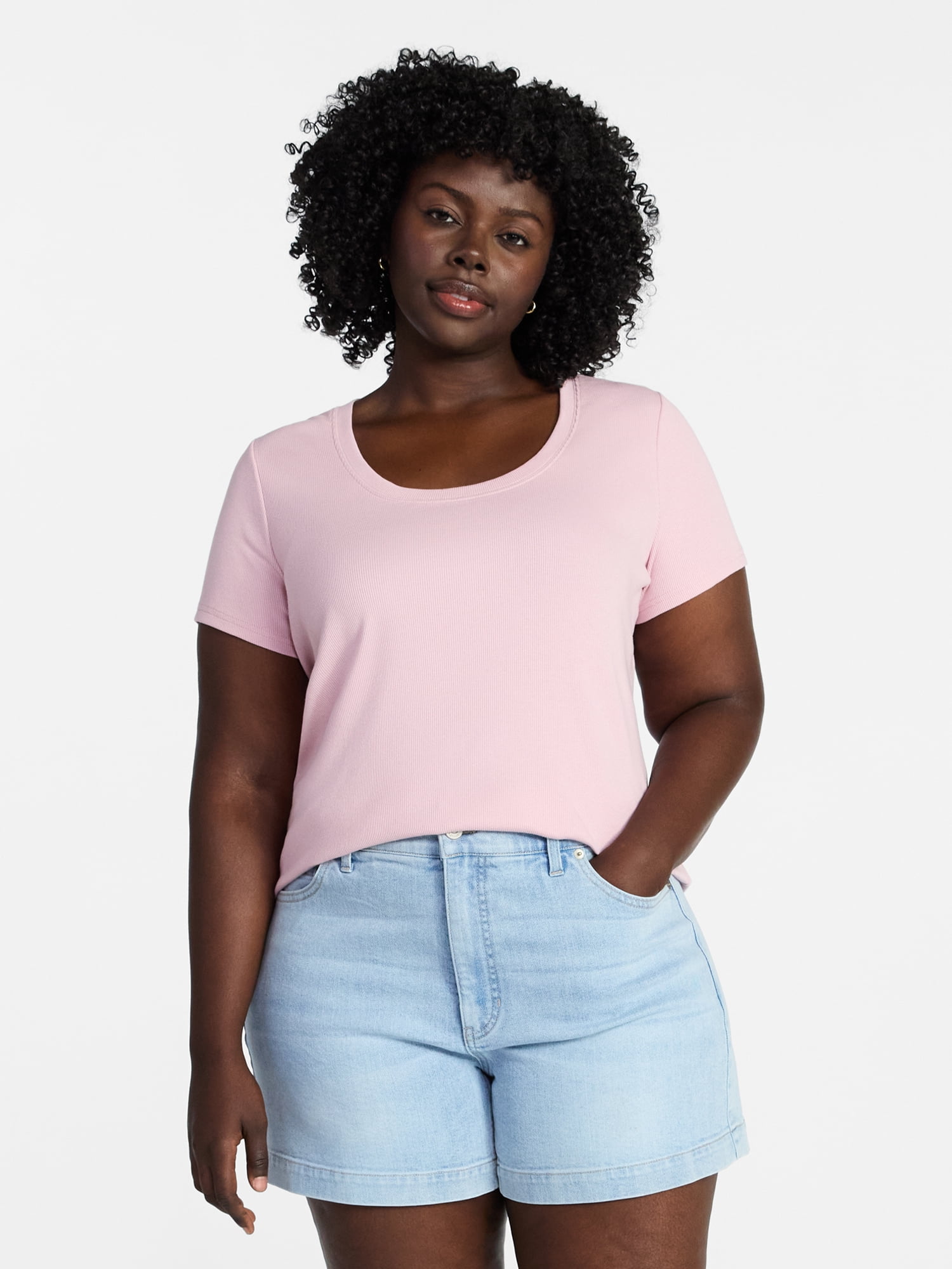 Terra & Sky Women's Plus Size Scoop Neck Rib Tee with Short Sleeves, Size 0X-5X