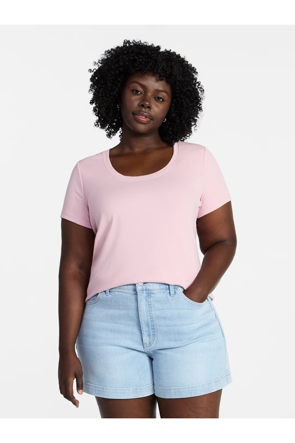 Women's Plus Size Scoop Neck Rib Tee with Short Sleeves, Size 0X-5X