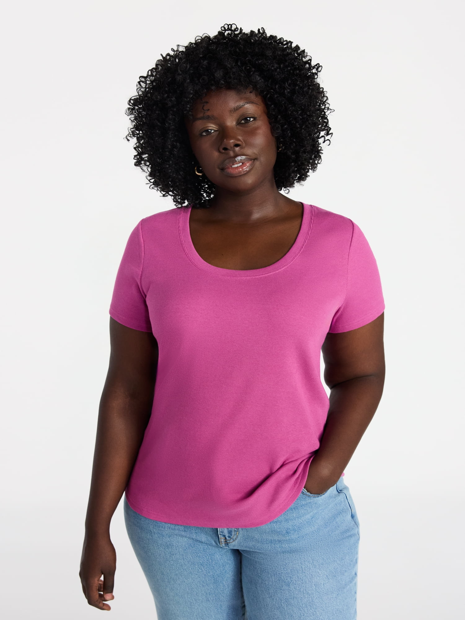 Terra & Sky Women's Plus Size Scoop Neck Rib Tee with Short Sleeves, Size 0X-5X