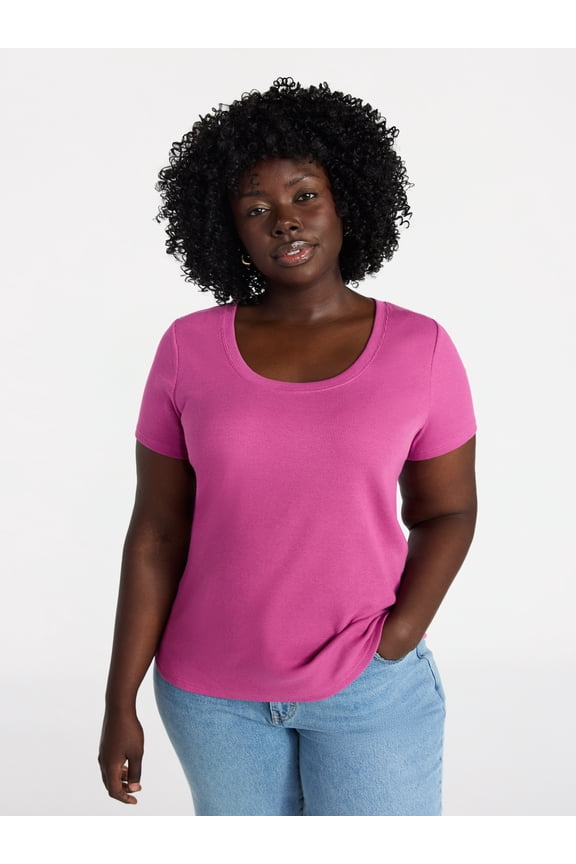 Women's Plus Size Scoop Neck Rib Tee with Short Sleeves, Size 0X-5X