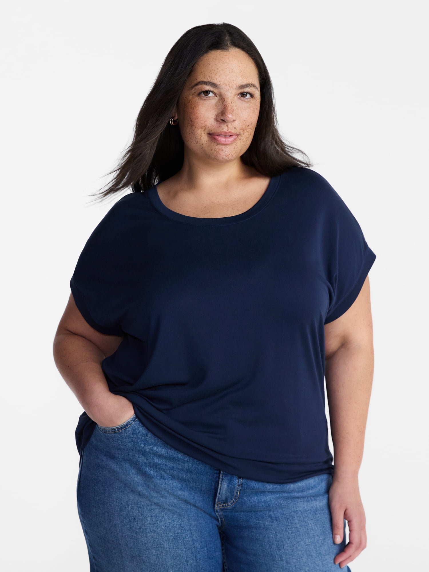Terra & Sky Women’s Plus Scoop Neck Tunic Tee with Short Sleeves, Sizes 0X-5X