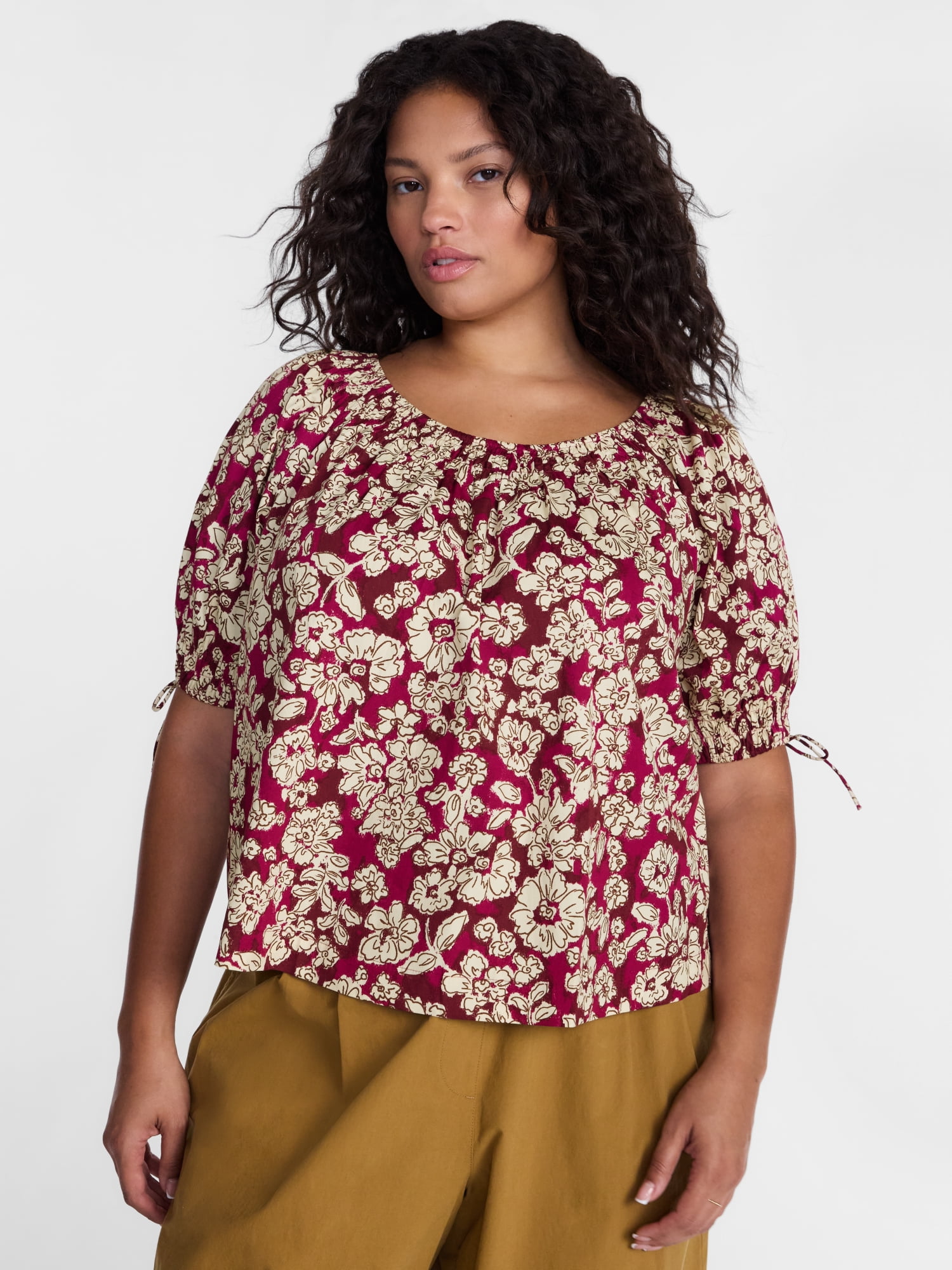 Terra & Sky Women's Plus Scoop Neck Top with Short Tie Puff Sleeves, Sizes 0X-5X