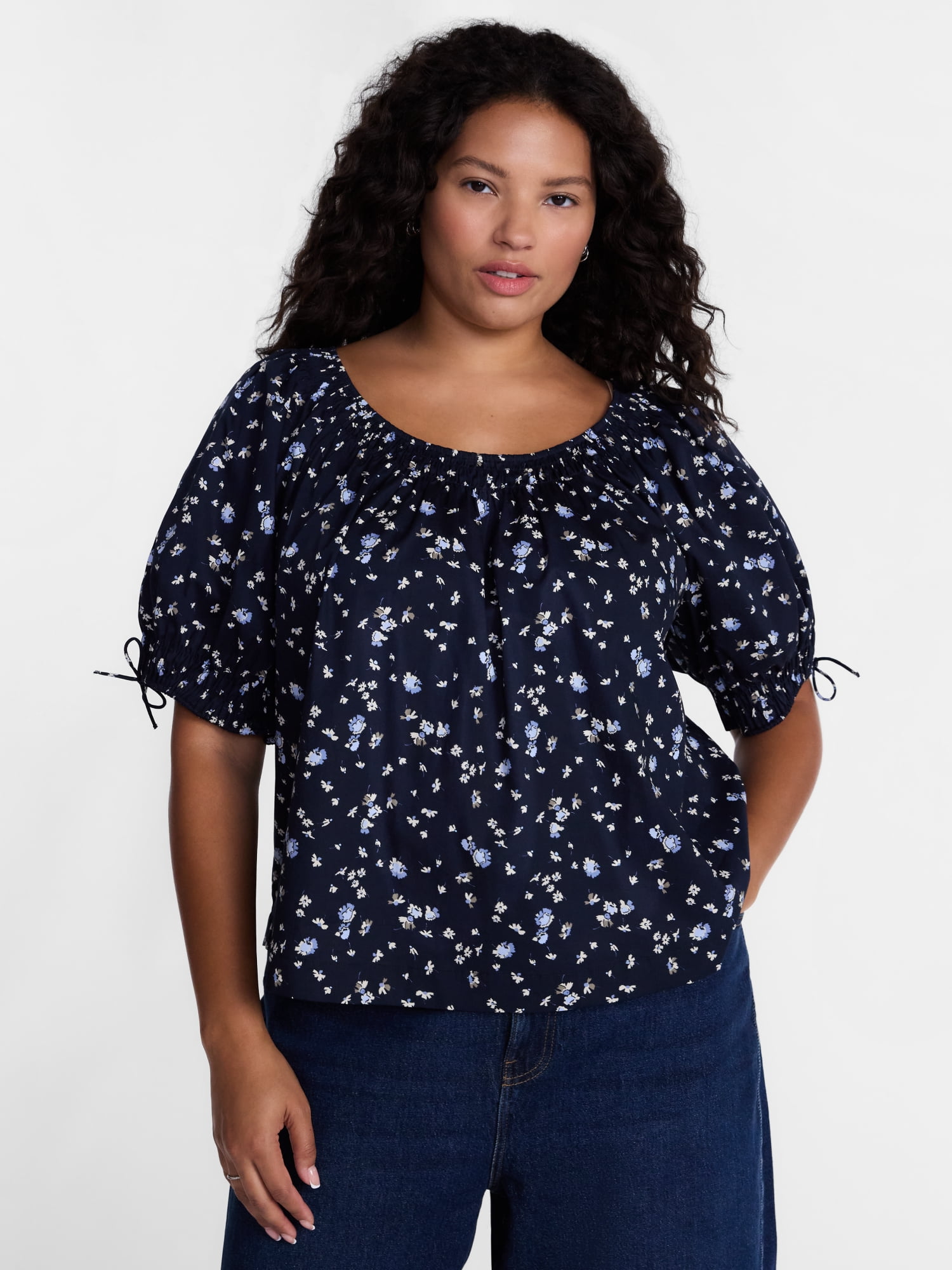 Terra & Sky Women's Plus Scoop Neck Top with Short Tie Puff Sleeves, Sizes 0X-5X