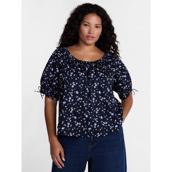 Terra & Sky Women's Plus Scoop Neck Top with Short Tie Puff Sleeves, Sizes 0X-5X