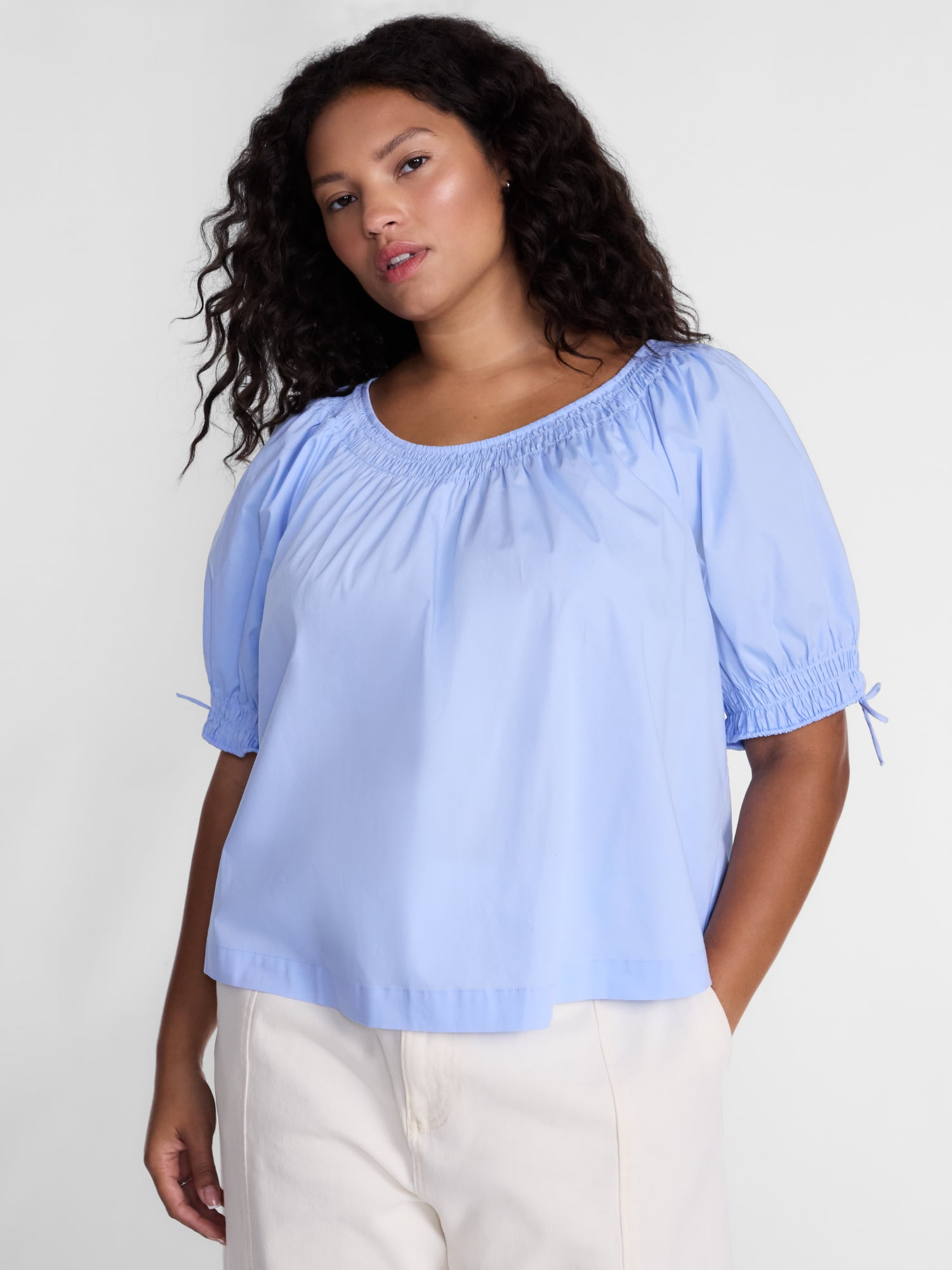 Terra & Sky Women's Plus Scoop Neck Top with Short Tie Puff Sleeves, Sizes 0X-5X