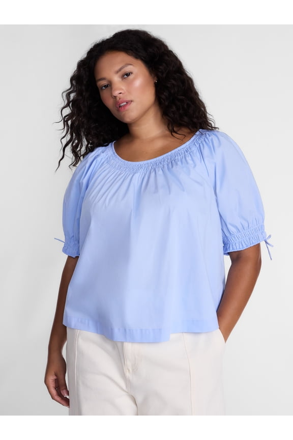 Women's Plus Scoop Neck Top with Short Tie Puff Sleeves, Sizes 0X-5X