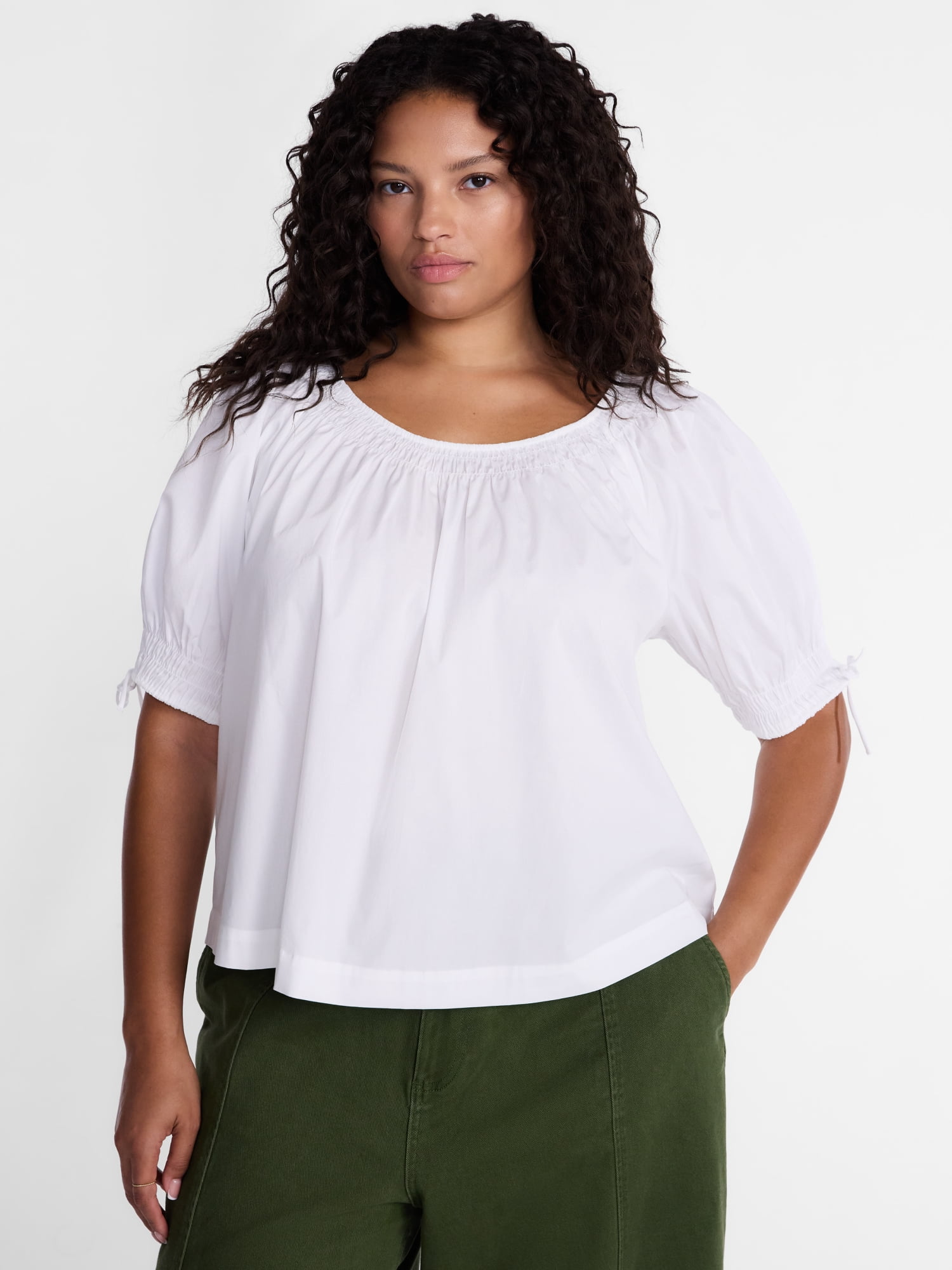 Terra & Sky Women's Plus Scoop Neck Top with Short Tie Puff Sleeves, Sizes 0X-5X