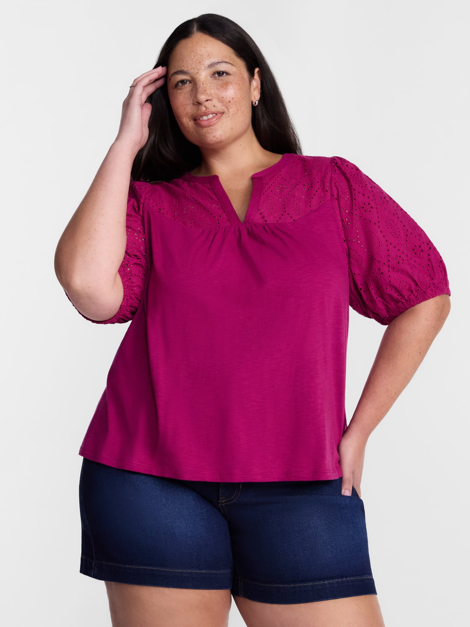 Terra & Sky Women's Plus Eyelet Yoke Top with Short Puff Sleeves, Sizes 0X-5X