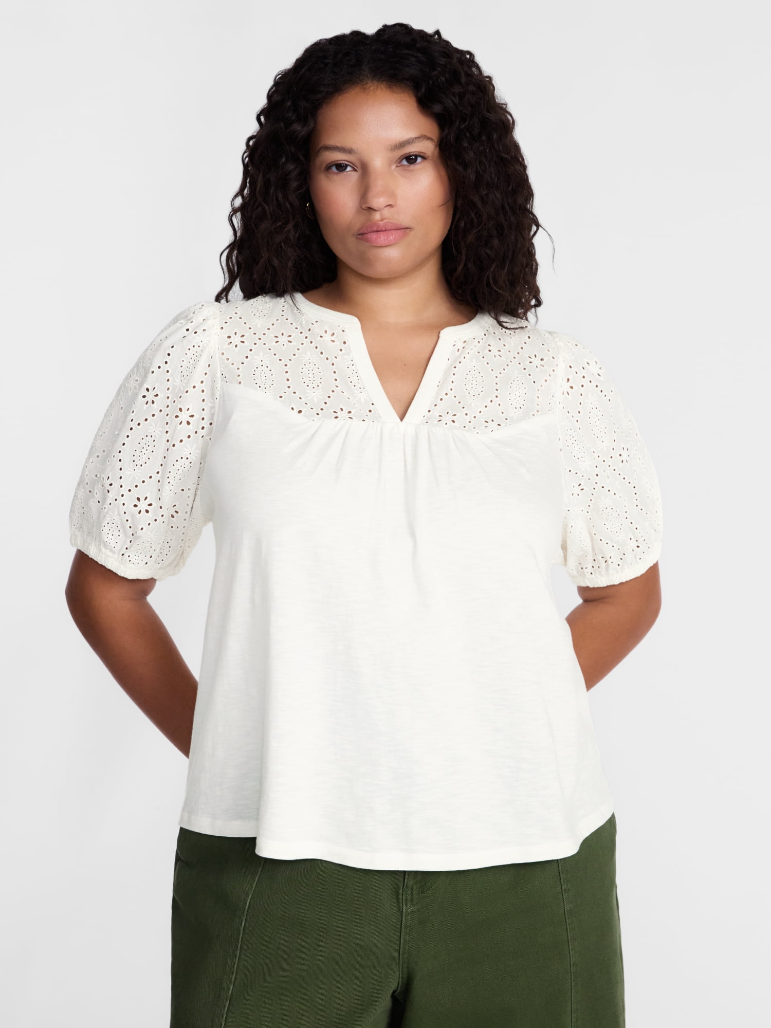 Terra & Sky Women's Plus Eyelet Yoke Top with Short Puff Sleeves, Sizes 0X-5X