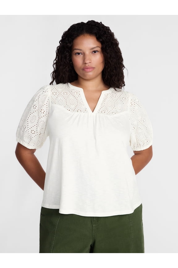 Women's Plus Eyelet Yoke Top with Short Puff Sleeves, Sizes 0X-5X