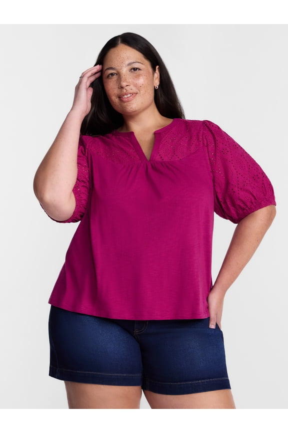 Women's Plus Eyelet Yoke Top with Short Puff Sleeves, Sizes 0X-5X