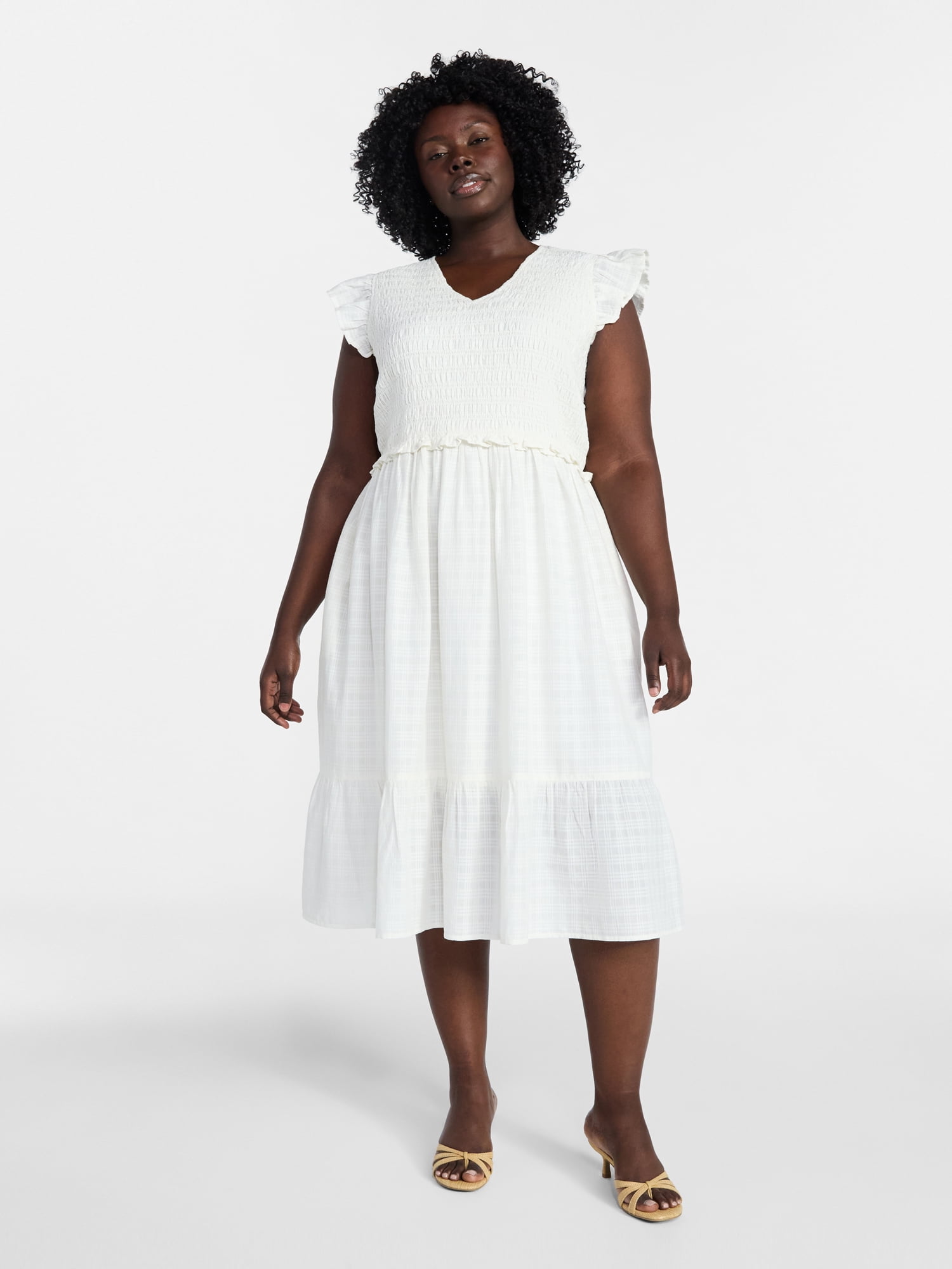 Terra & Sky Women's Plus Cotton Midi Dress with Smocked Bodice, Sizes 0X-5X