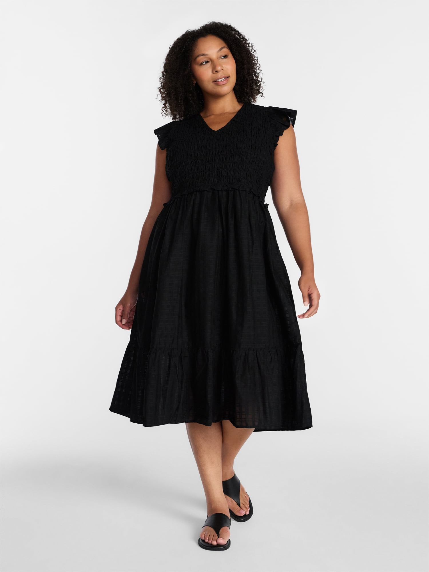 Terra & Sky Women's Plus Cotton Midi Dress with Smocked Bodice, Sizes 0X-5X