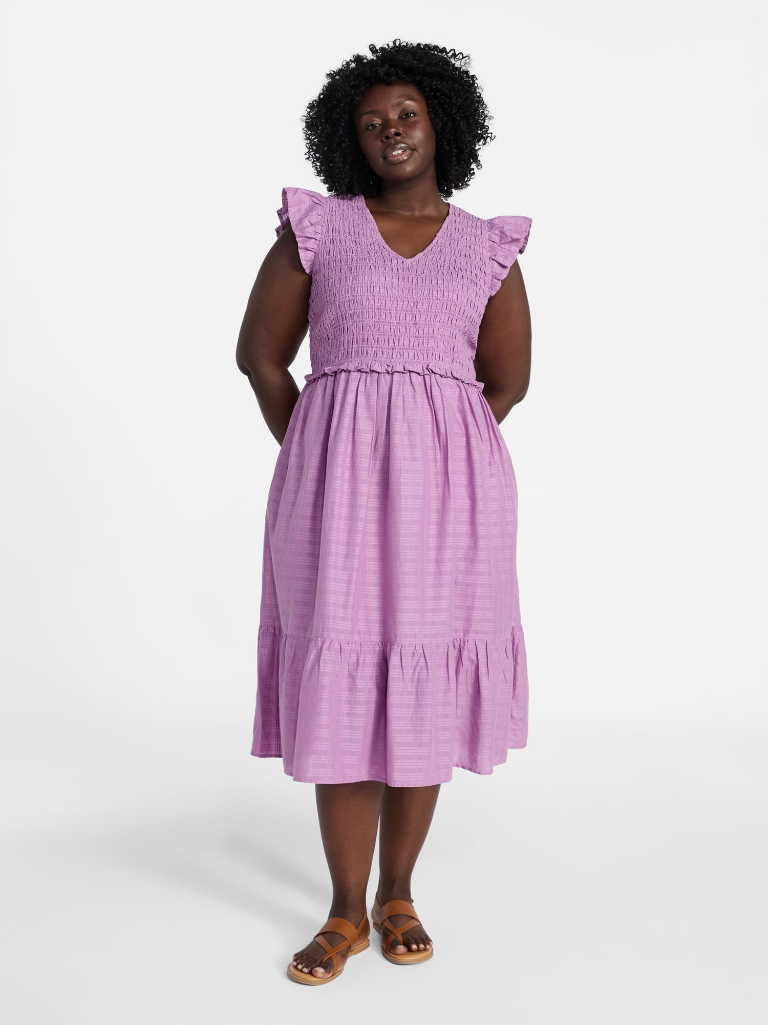 Terra & Sky Women's Plus Cotton Midi Dress with Smocked Bodice, Sizes 0X-5X