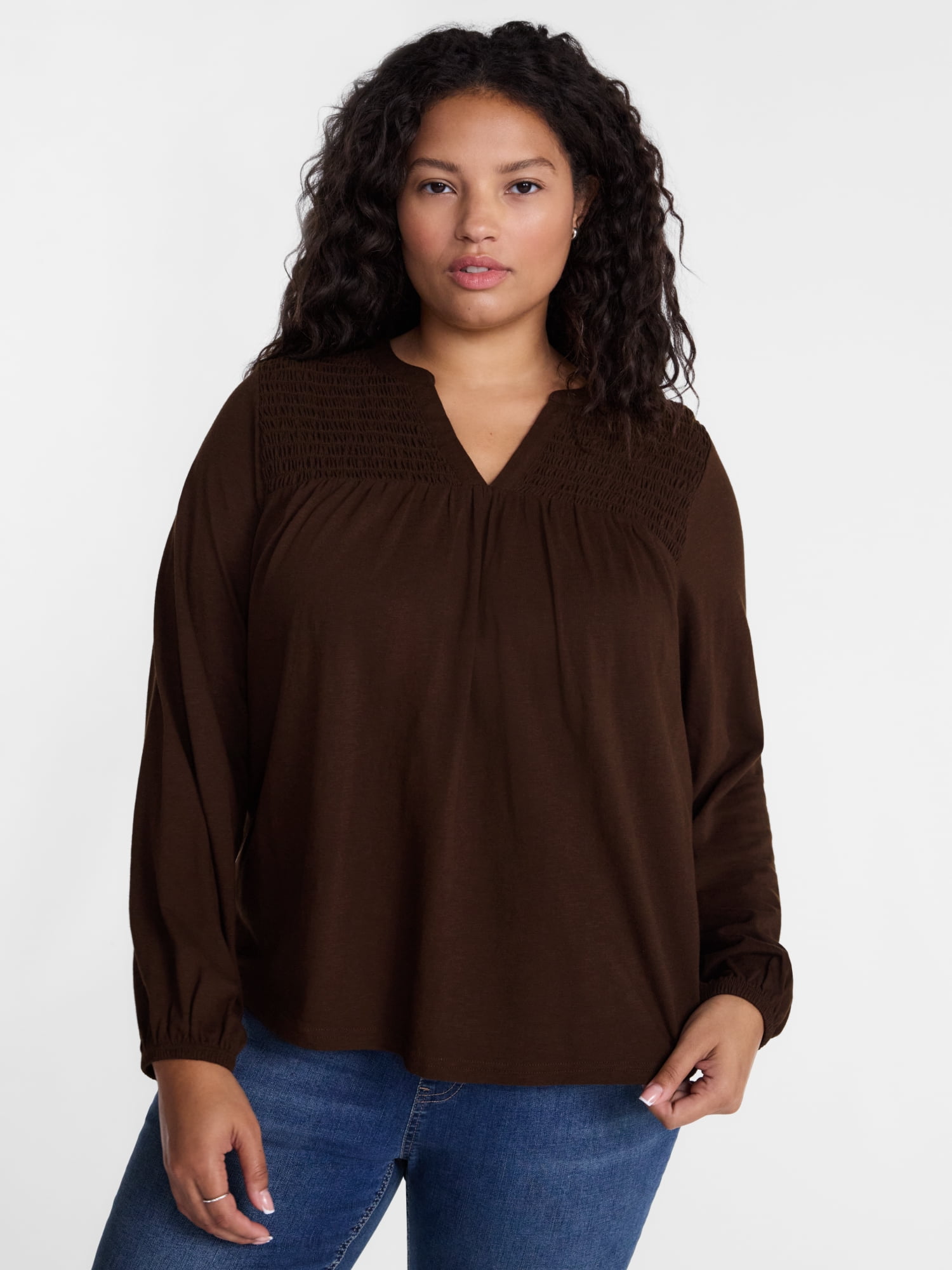 Terra & Sky Women's Plus Smocked Yoke Top with Long Sleeves, Sizes 0X-5X