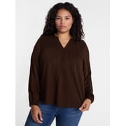 Terra & Sky Women's Plus Smocked Yoke Top with Long Sleeves, Sizes 0X-5X