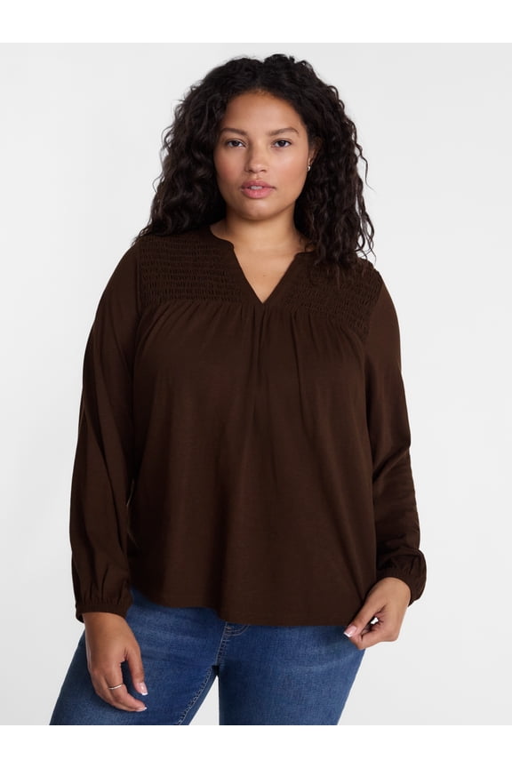 Women's Plus Smocked Yoke Top with Long Sleeves, Sizes 0X-5X