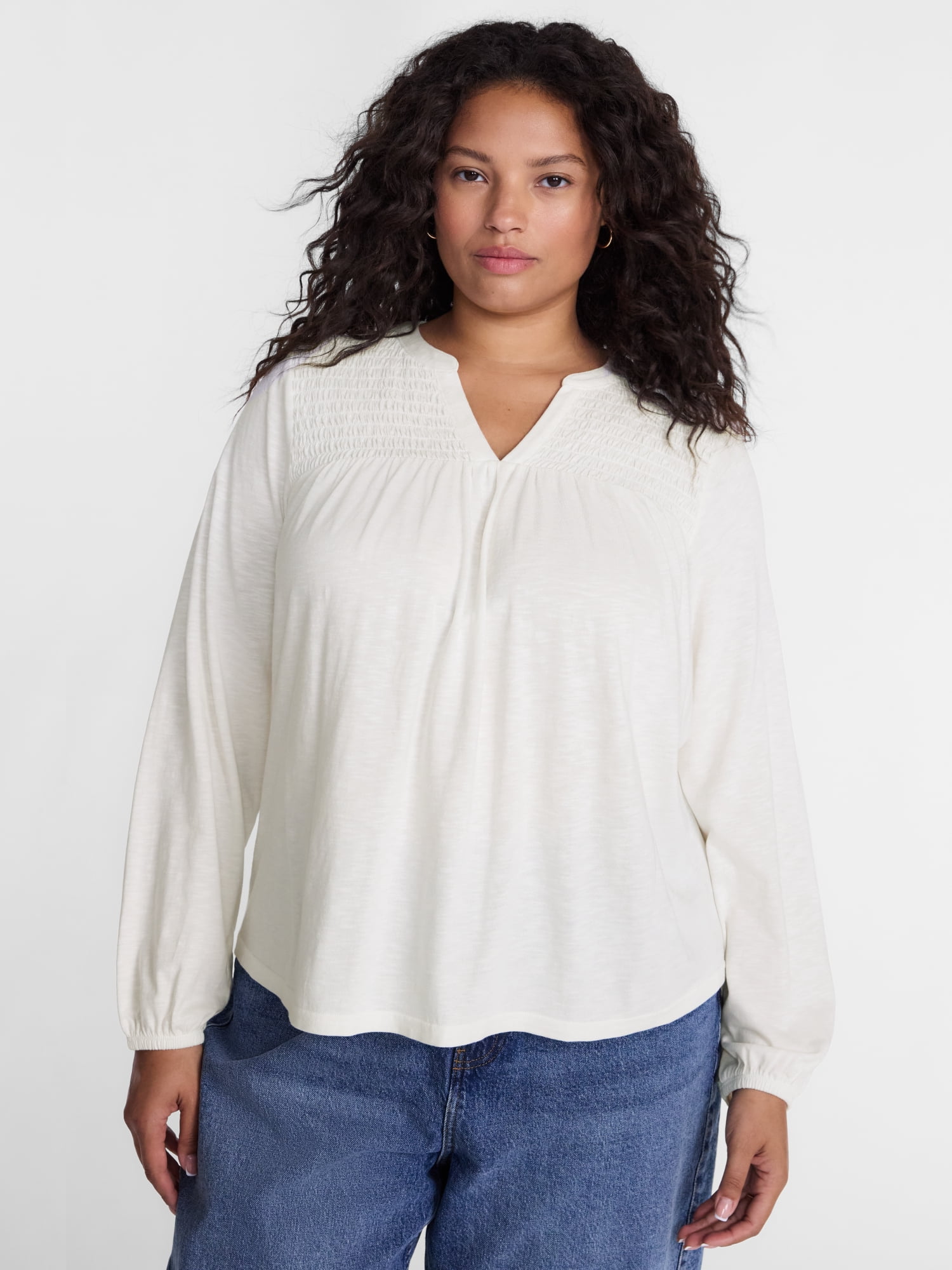 Terra & Sky Women's Plus Smocked Yoke Top with Long Sleeves, Sizes 0X-5X