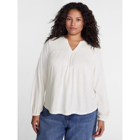 Terra & Sky Women's Plus Smocked Yoke Top with Long Sleeves, Sizes 0X-5X