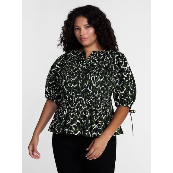 Terra & Sky Women's Plus Smocked Sleeved Top, Sizes 0X-5X