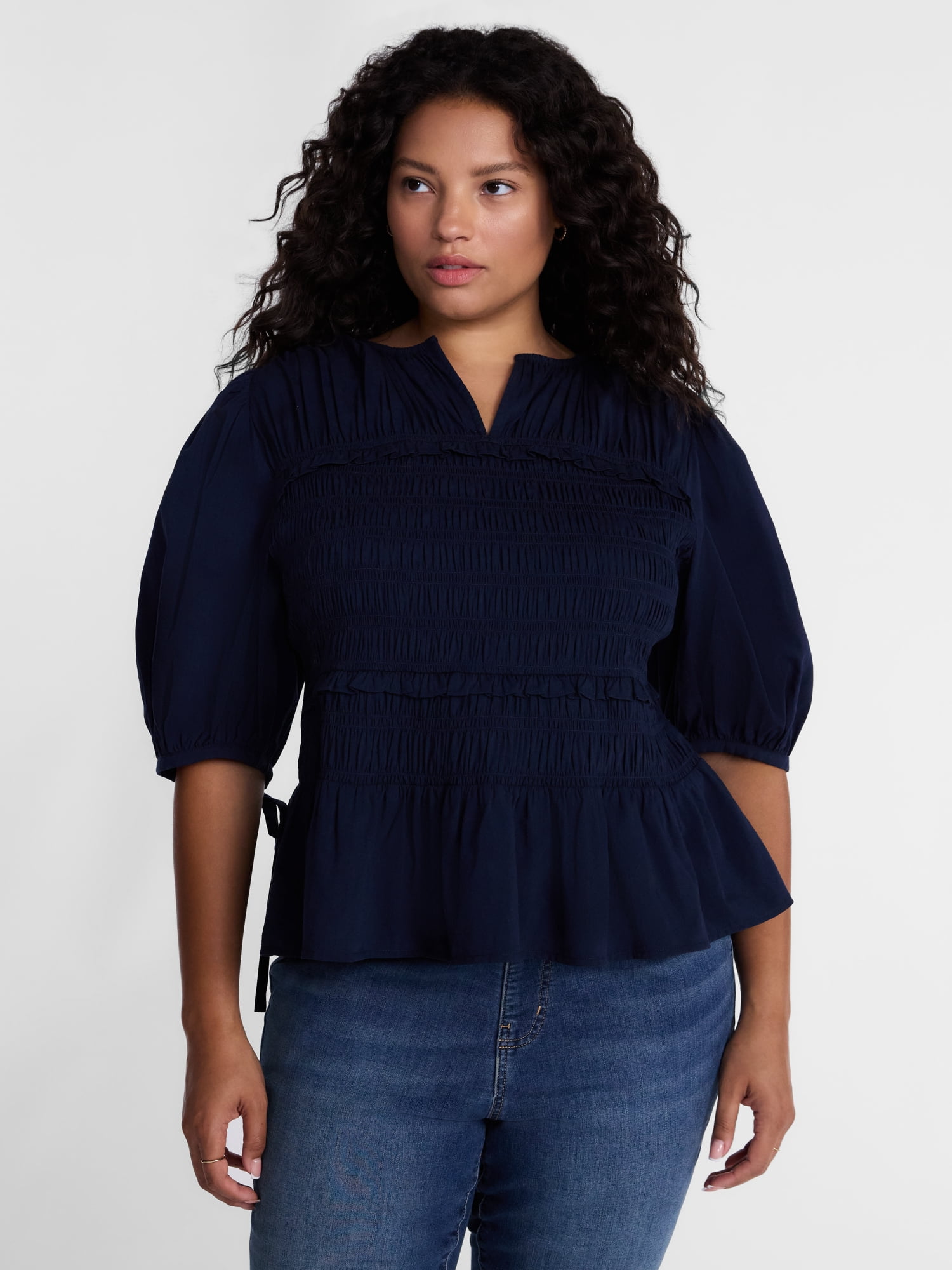 Terra & Sky Women's Plus Smocked Sleeved Top, Sizes 0X-5X