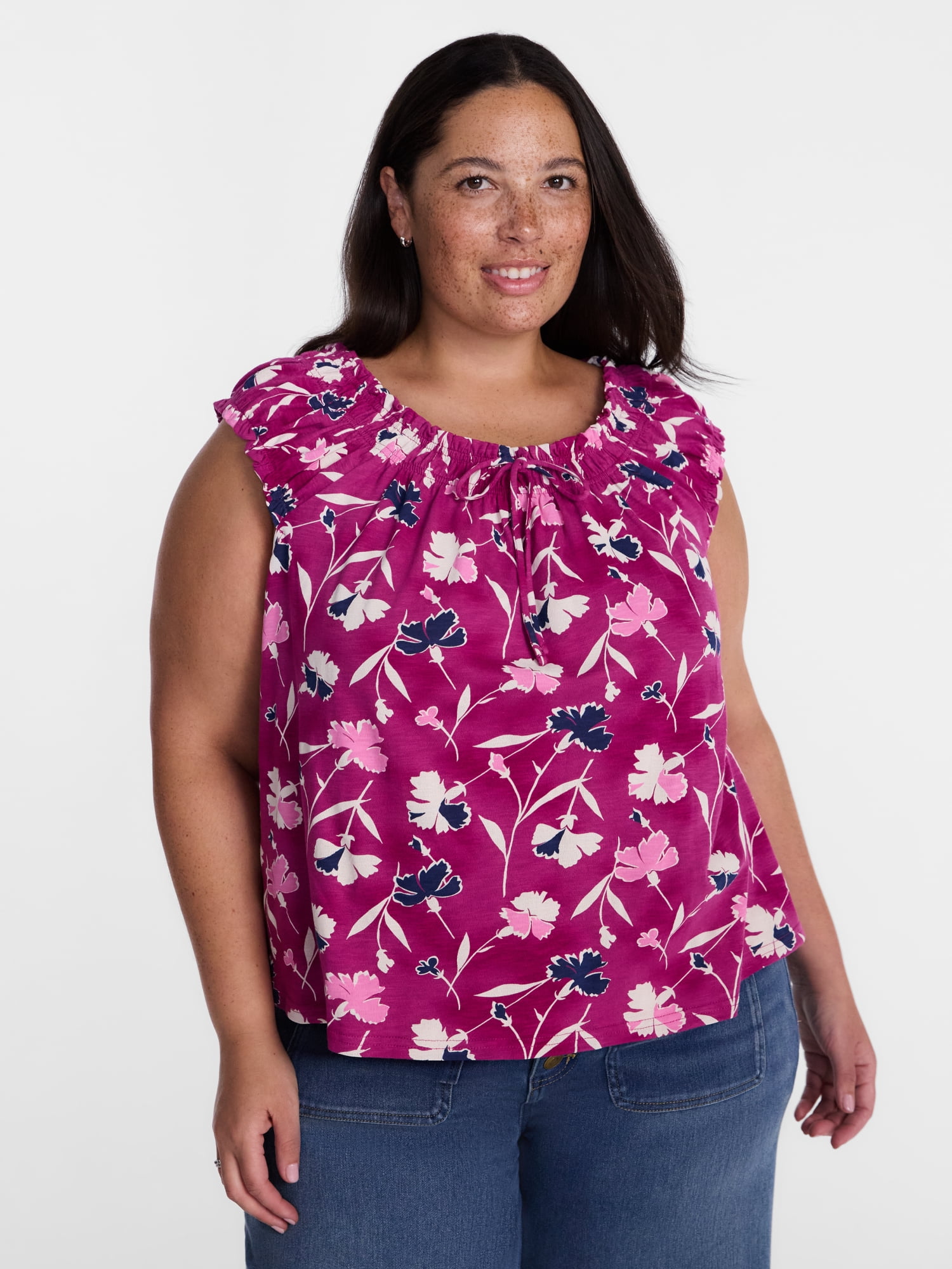 Terra & Sky Women’s Plus Smocked Tie Front Sleeveless Cotton Top, Sizes 0X-5X