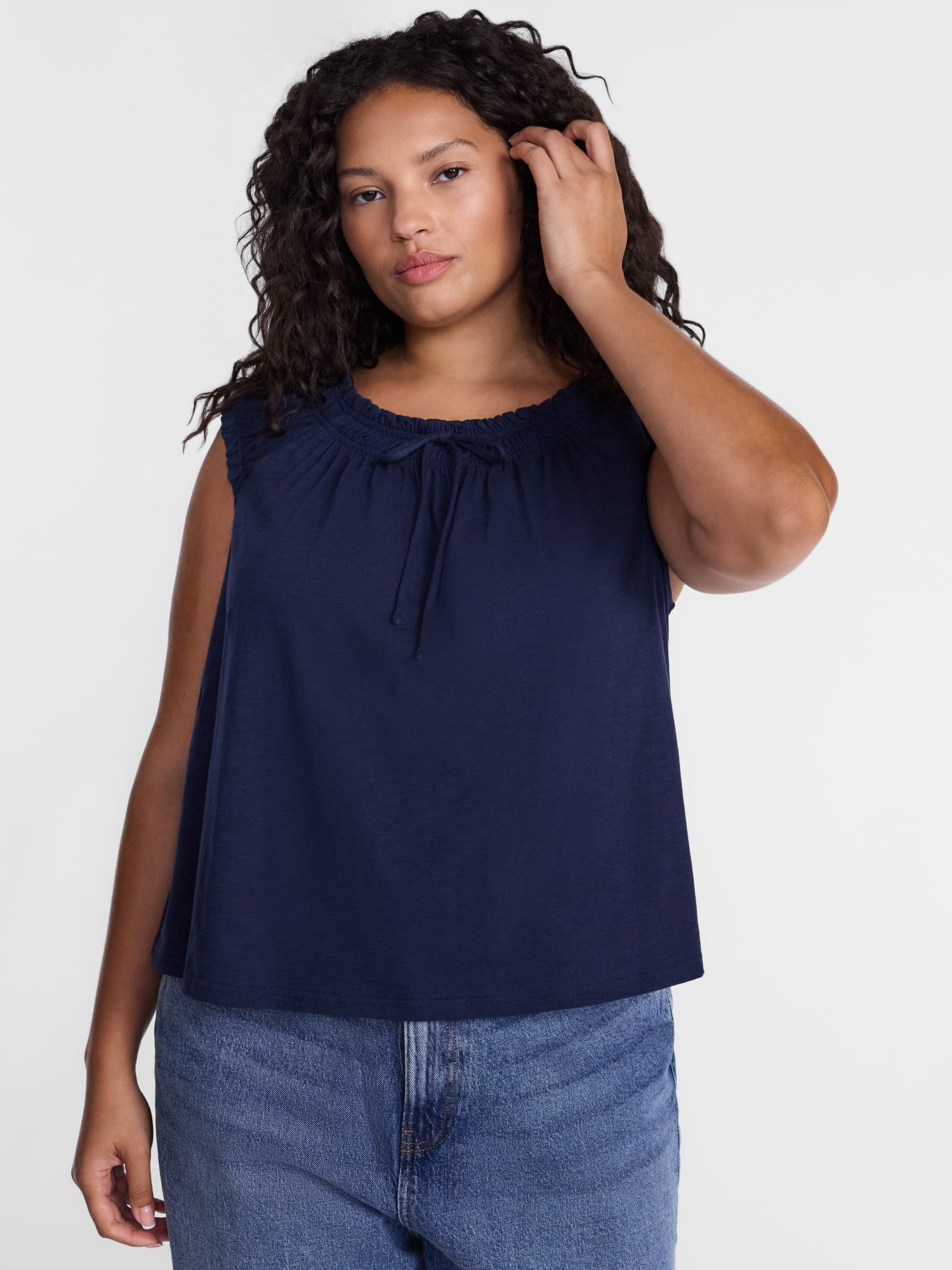 Terra & Sky Women’s Plus Smocked Tie Front Sleeveless Cotton Top, Sizes 0X-5X