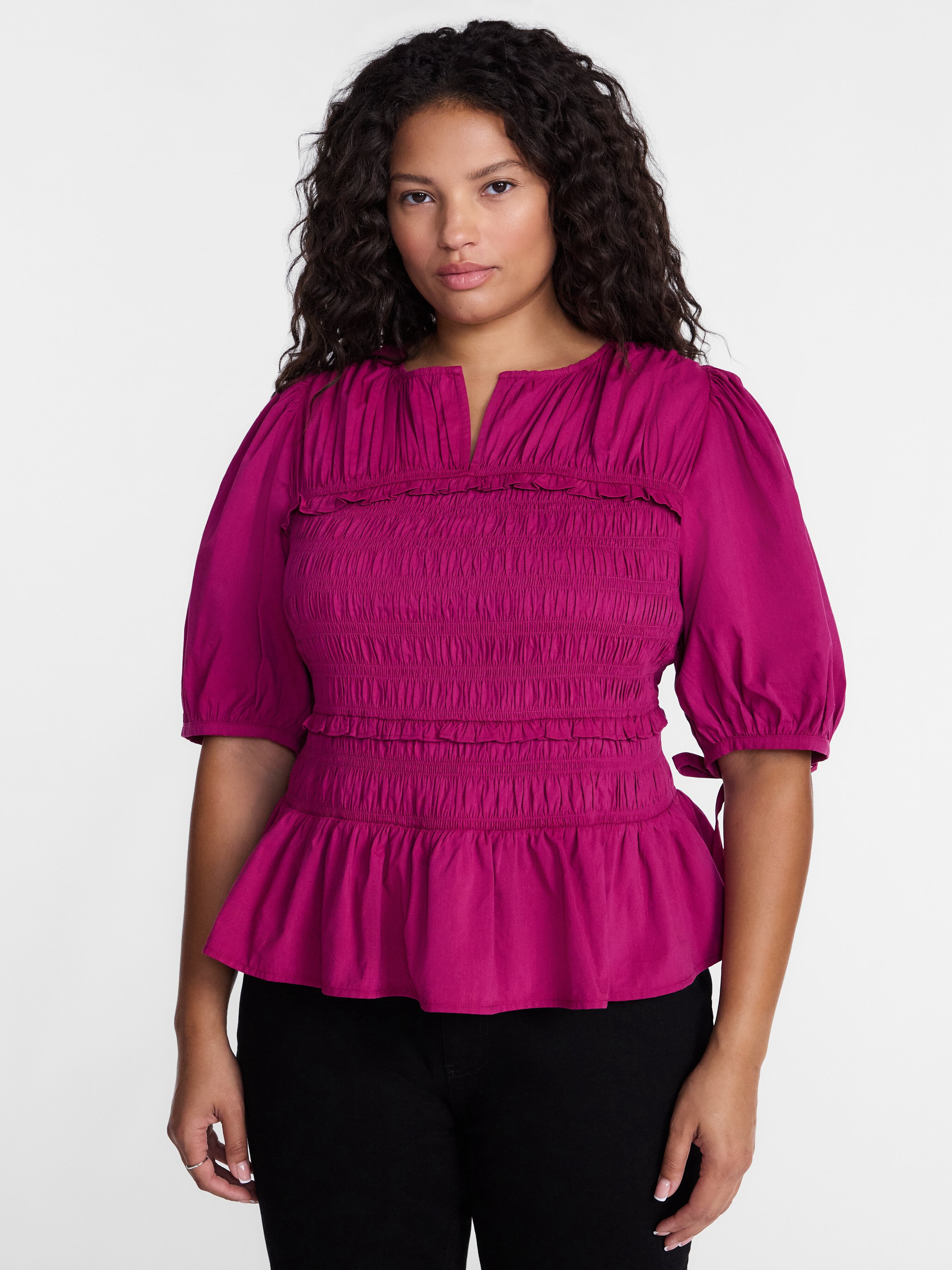 Terra & Sky Women's Plus Smocked Top with Tie Elbow Length Puff Sleeves, Sizes 0X-5X
