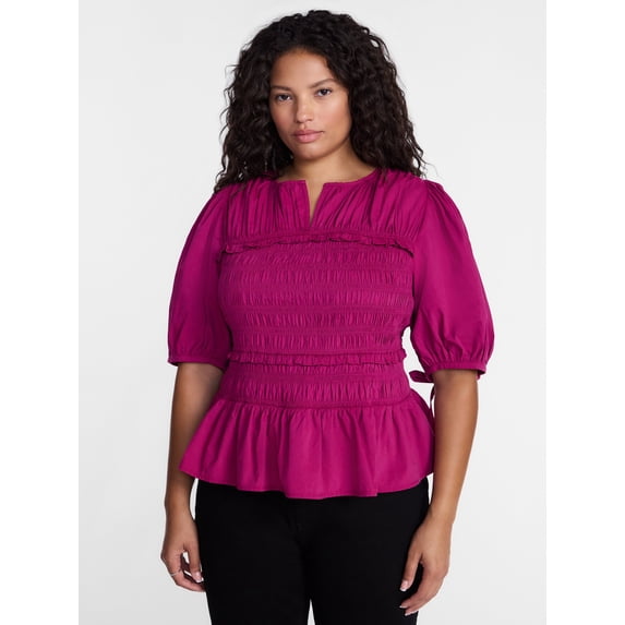 Terra & Sky Women's Plus Smocked Top with Tie Elbow Length Puff Sleeves, Sizes 0X-5X