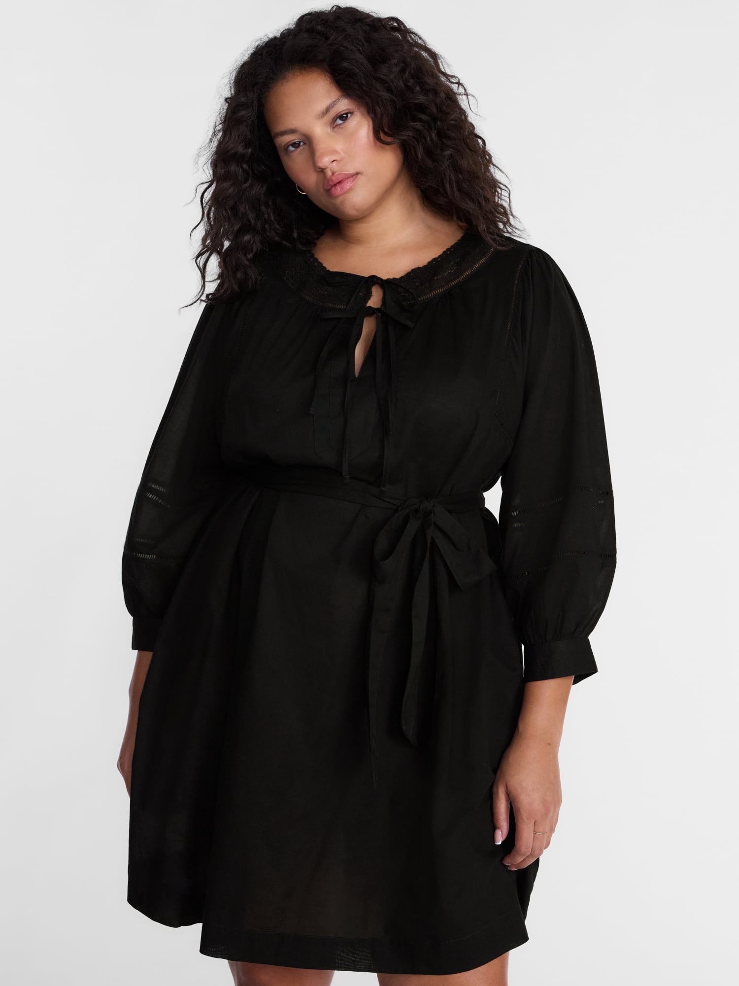 Terra & Sky Women's Plus Geo Eyelet Cotton Mini Dress with Long Sleeves, Sizes 0X-5X
