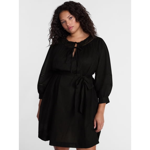 Terra & Sky Women's Plus Geo Eyelet Cotton Mini Dress with Long Sleeves, Sizes 0X-5X