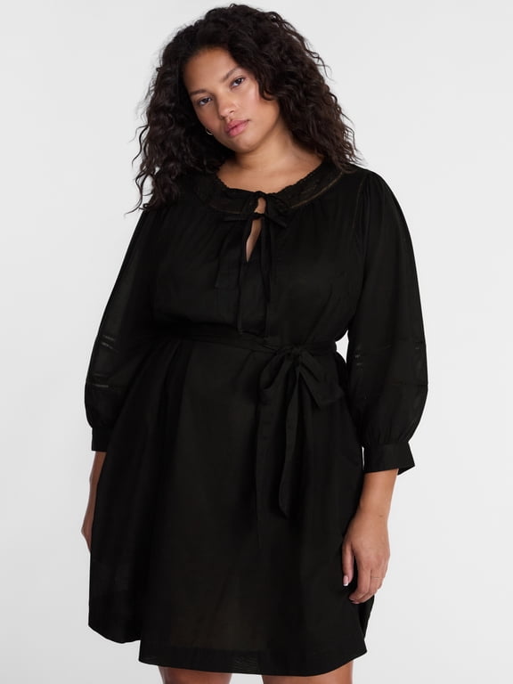 Women's Plus Geo Eyelet Cotton Mini Dress with Long Sleeves, Sizes 0X-5X