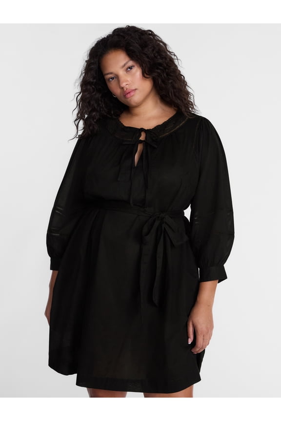 Women's Plus Geo Eyelet Cotton Mini Dress with Long Sleeves, Sizes 0X-5X