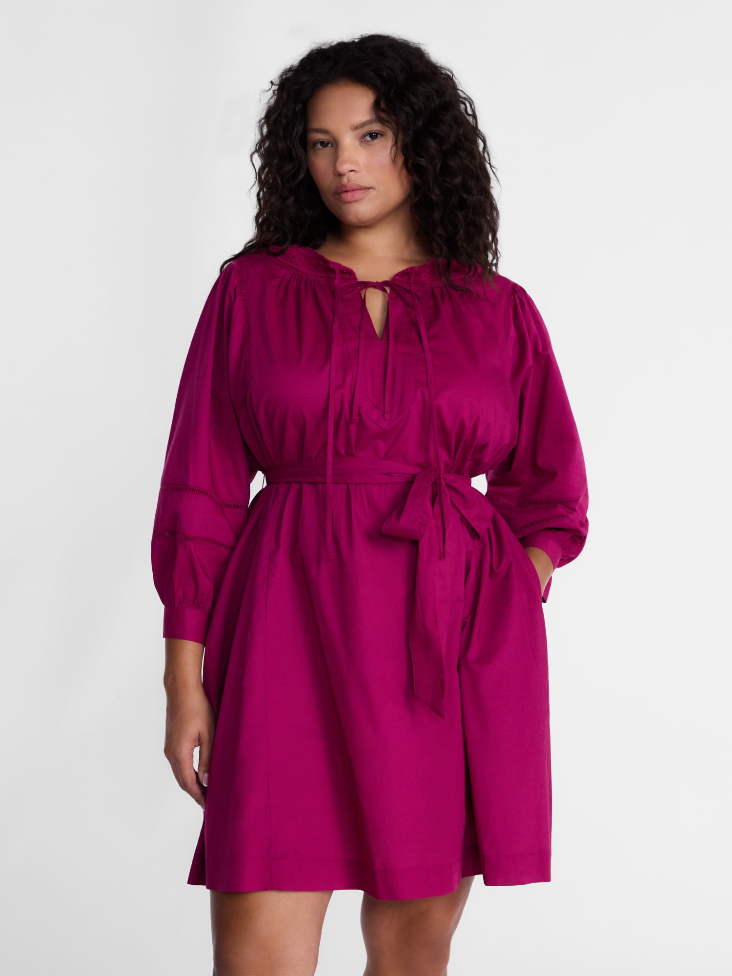 Terra & Sky Women's Plus Geo Eyelet Cotton Mini Dress with Long Sleeves, Sizes 0X-5X