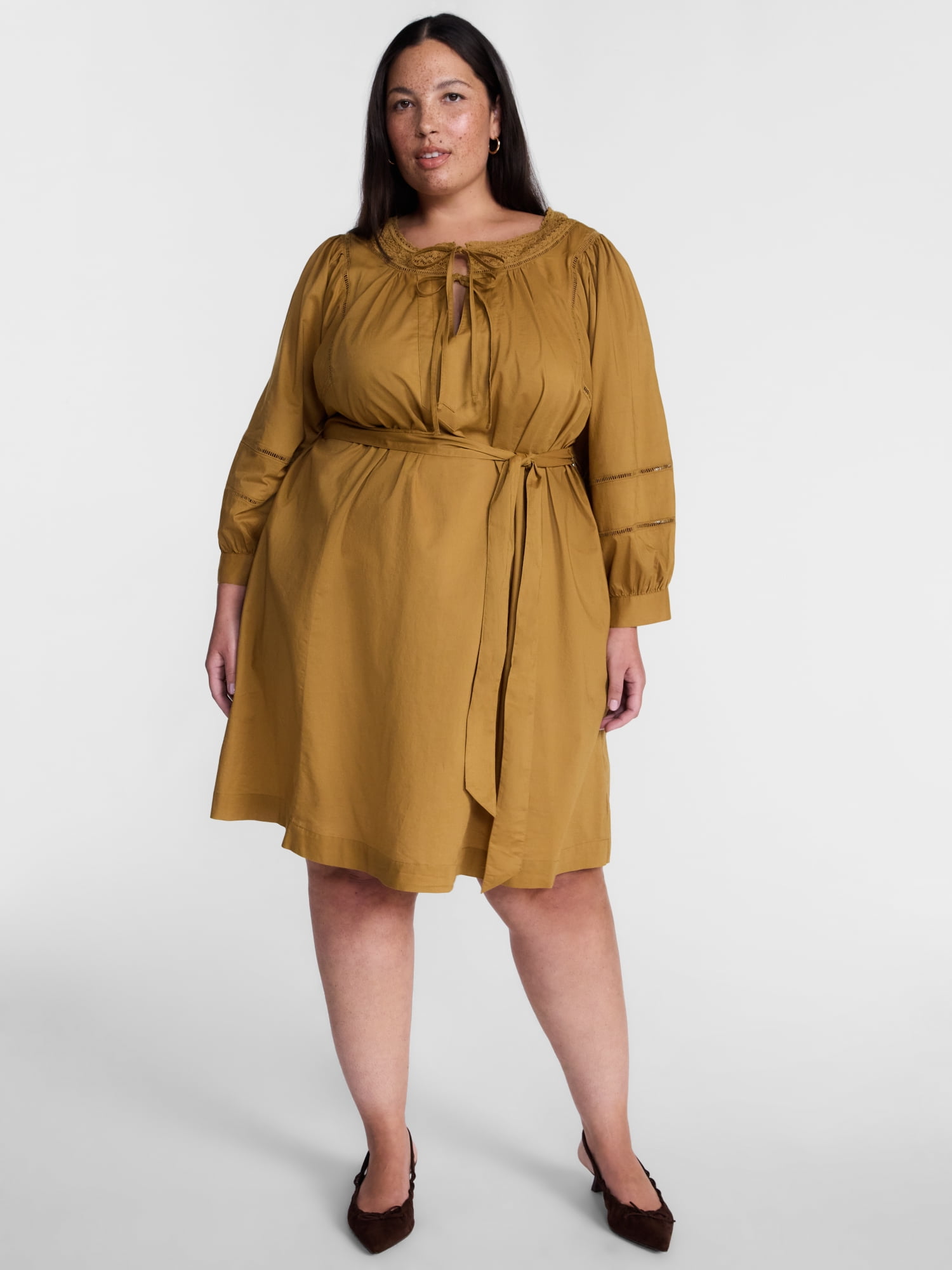 Terra & Sky Women's Plus Geo Eyelet Cotton Mini Dress with Long Sleeves, Sizes 0X-5X