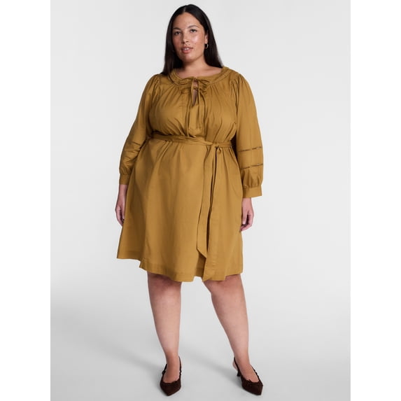 Terra & Sky Women's Plus Geo Eyelet Cotton Mini Dress with Long Sleeves, Sizes 0X-5X