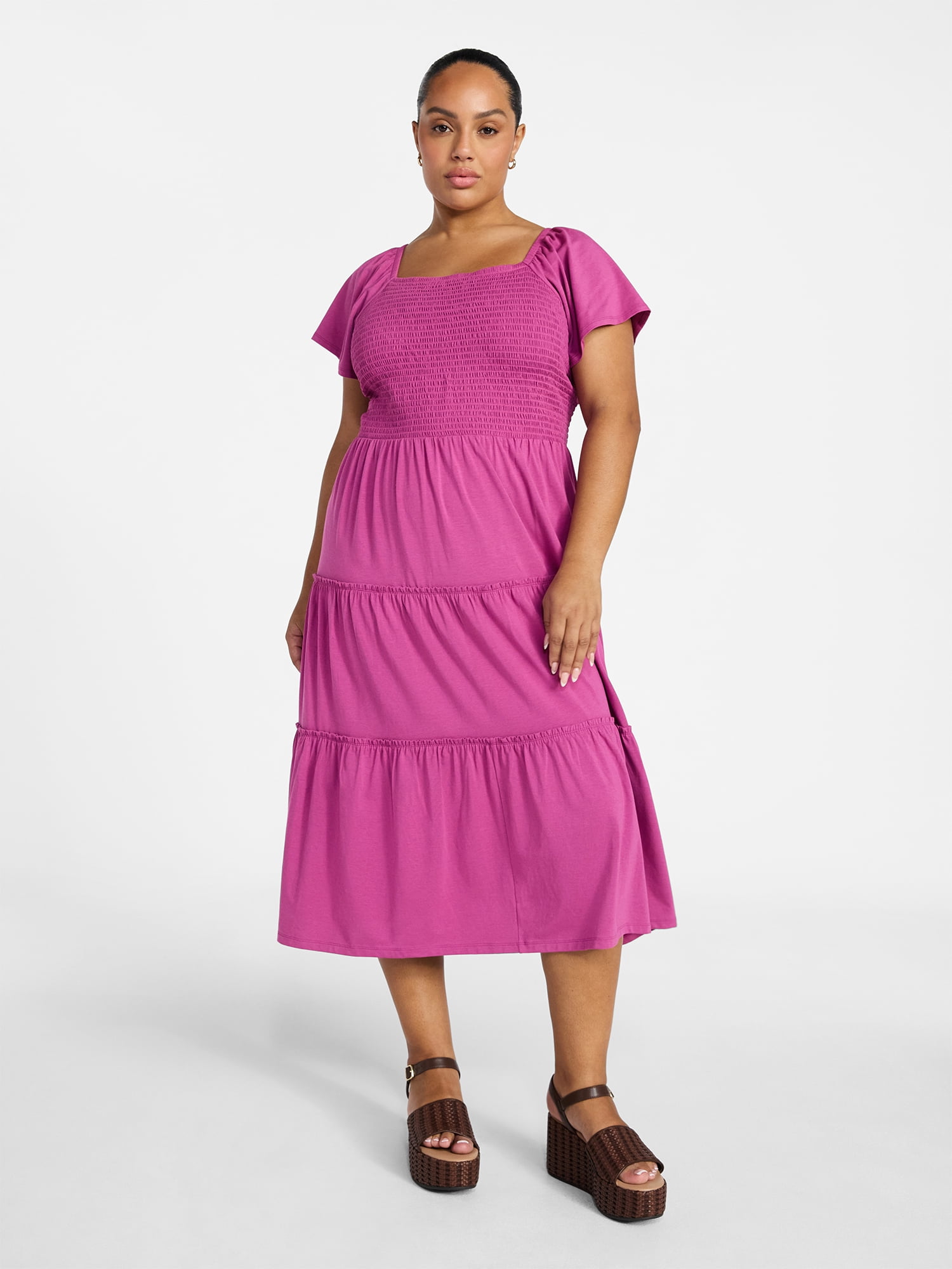Terra & Sky Women's Plus Square Neck Smocked Dress, Sizes 0X-5X