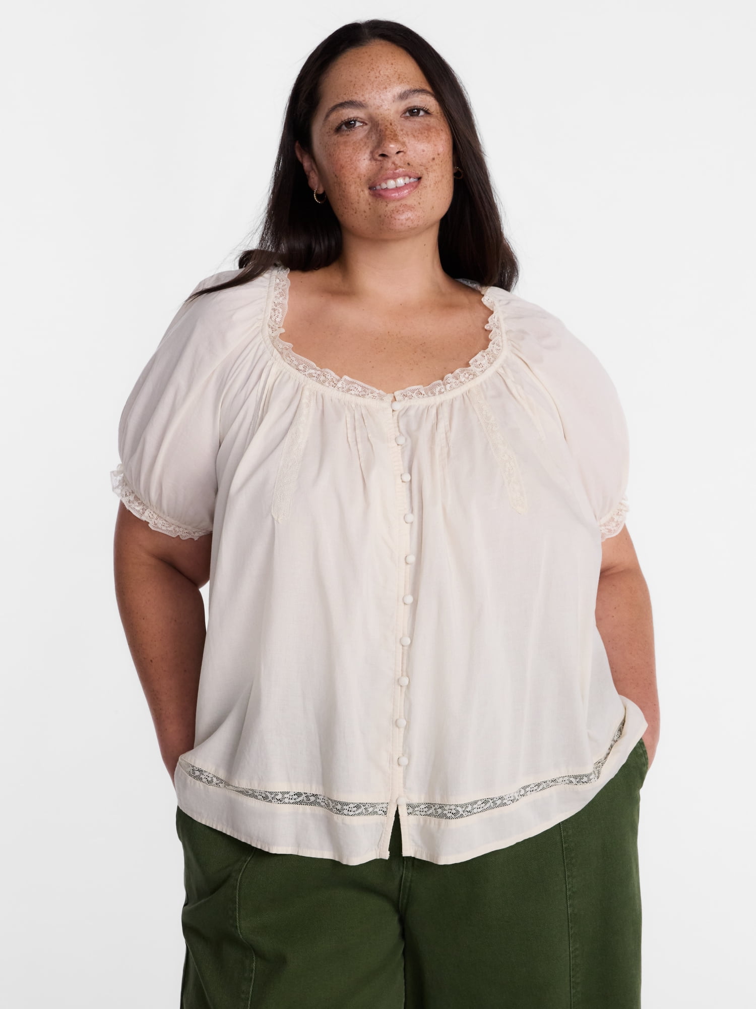 Terra & Sky Women's Plus Button Front Cotton Swing Top with Short Sleeves, Sizes 0X-5X