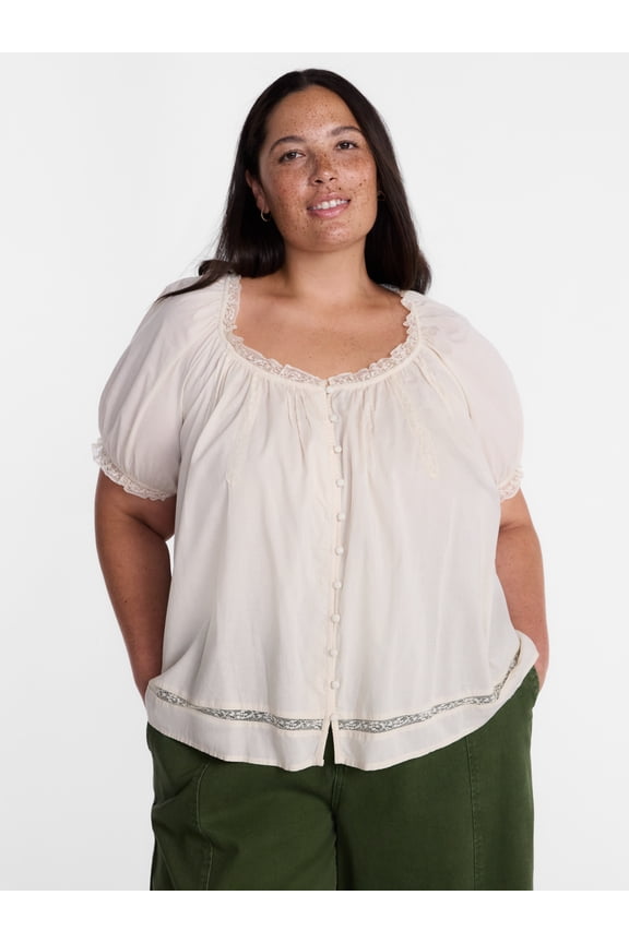 Women's Plus Button Front Cotton Swing Top with Short Sleeves, Sizes 0X-5X