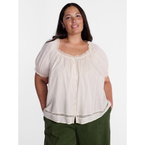 Terra & Sky Women's Plus Button Front Cotton Swing Top with Short Sleeves, Sizes 0X-5X