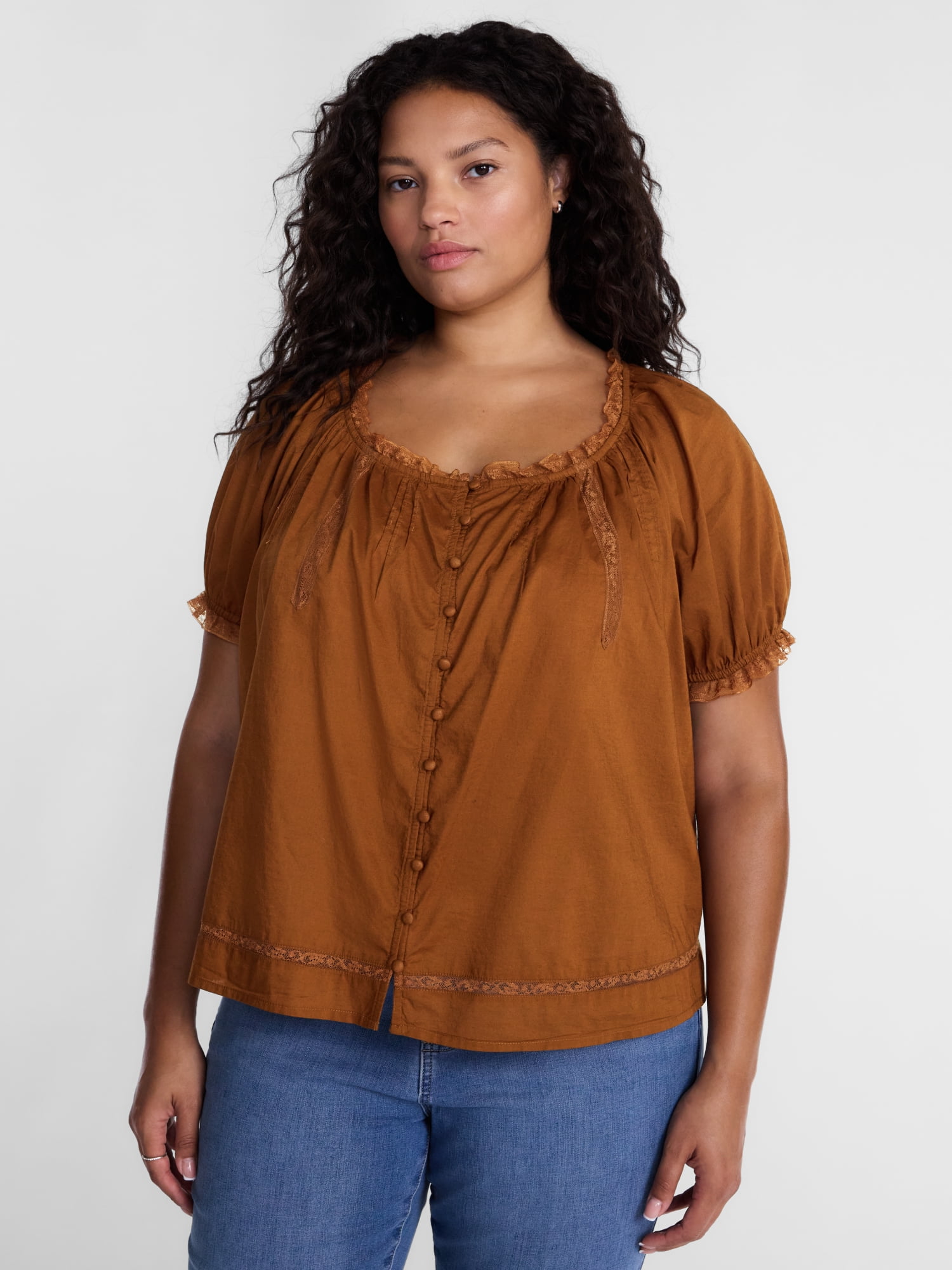 Terra & Sky Women's Plus Button Front Cotton Swing Top with Short Sleeves, Sizes 0X-5X