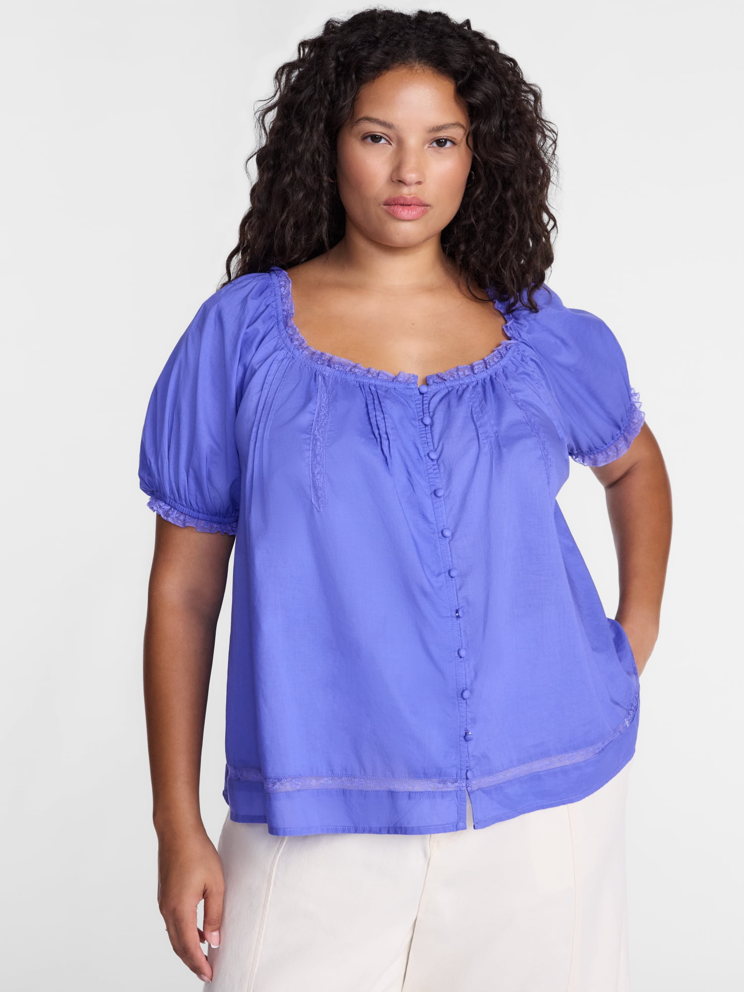 Terra & Sky Women's Plus Button Front Cotton Swing Top with Short Sleeves, Sizes 0X-5X