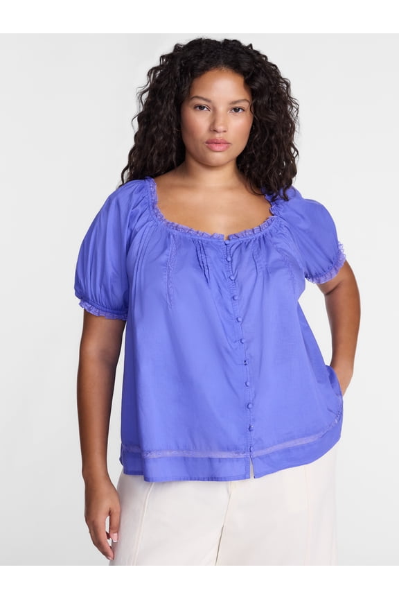 Women's Plus Button Front Cotton Swing Top with Short Sleeves, Sizes 0X-5X