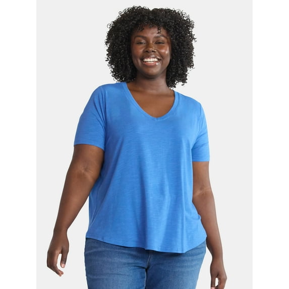 Terra & Sky Women's Plus Size V-Neck Tee with Short Sleeves, Sizes 0X-4X