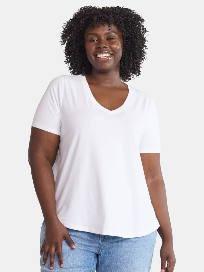 Terra & Sky Women's Plus Size V-Neck Tee with Short Sleeves, Sizes